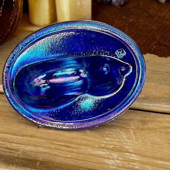 Horse Covered Candy Dish - Cobalt Carnival - 2 Piece Glass Horse on Ribbed Vase - Picture 5 of 5